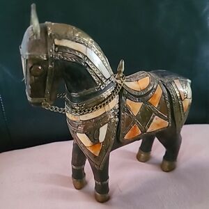 Vintage Wooden Hand Carved Brass Armored Horse Shell Inlaid
